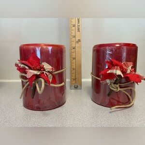 Pier 1 Red Apple Crisp Decorative Candles with Poinsettia Accents. Set of 2 New